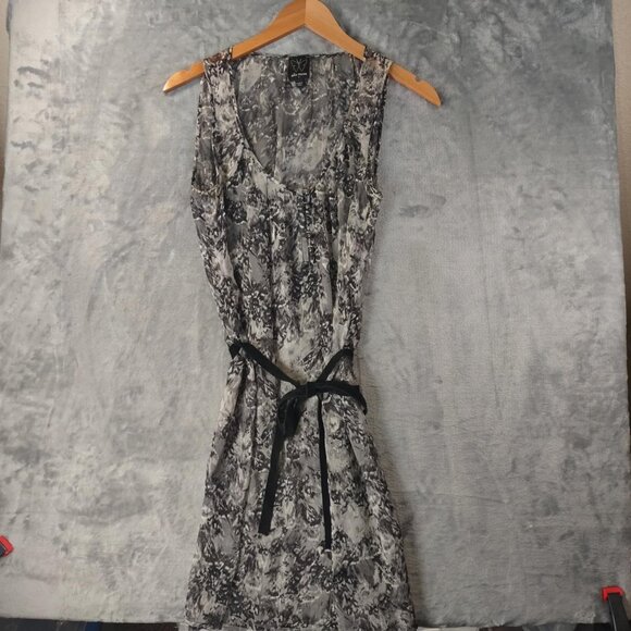 Ella Moss Women S Silk Sleeveless Black Gray Abstract Print Sheer Dress TieWaist - Picture 1 of 8
